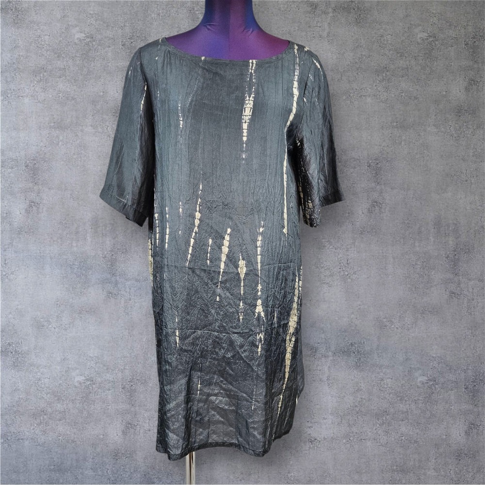The Fisher Project 100% Silk Dress Medium Gray Ivory Tie Dye Short Sleeve A95